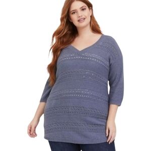 Torrid Blue Sweater Grey Mix Stitch Tunic Long Length Summer Travel
